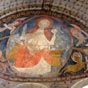 Peinture murale du Christ en gloire, entouré des quatre évangélistes portant des phylactères.