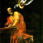En face, saint Matthieu et l’ange, présente l’évangéliste en cours d’écriture, le visage tourné vers un ange, qui semble lui dicter ses écrits.